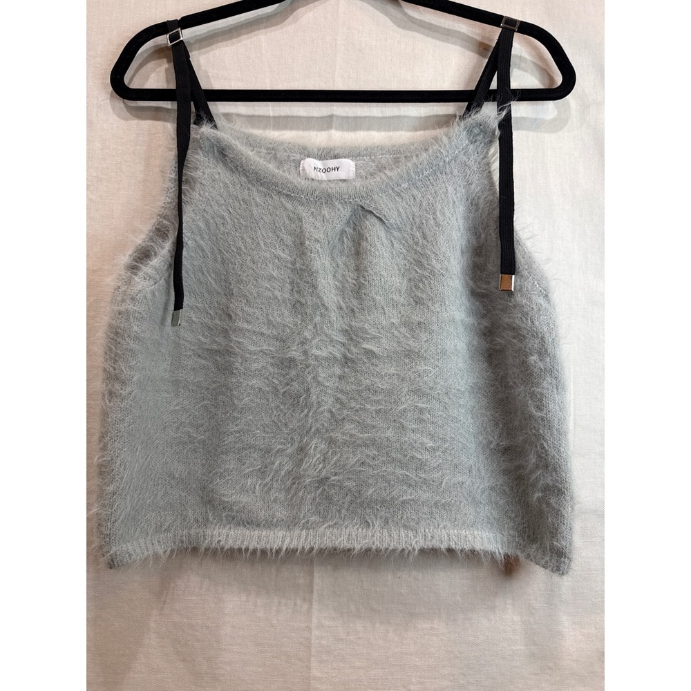 Nzoohy Light Gray Fuzzy Eyelash Knit Camisole Cropped Tank  Adjustable Straps